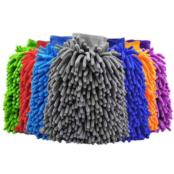 A collection of colorful microfiber car wash mitts displayed in a fan shape.