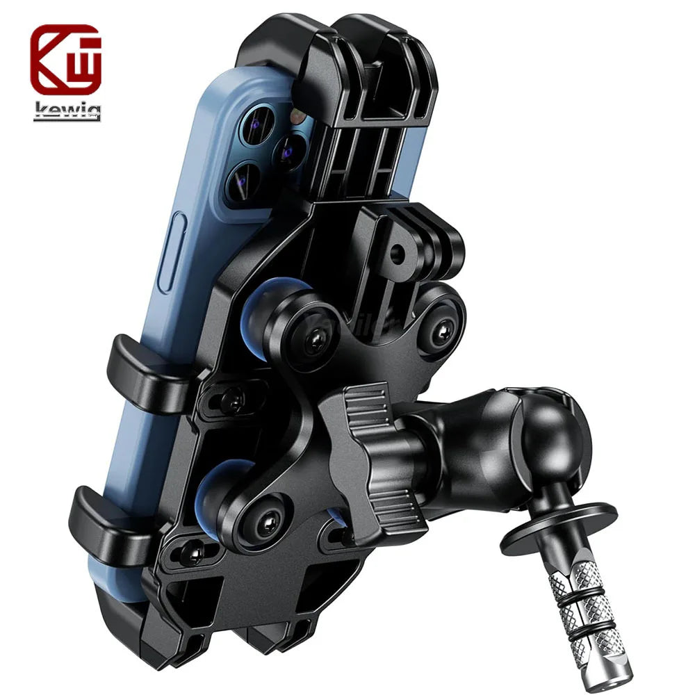 A heavy-duty motorcycle phone mount featuring a fork stem base, colored black and light blue.