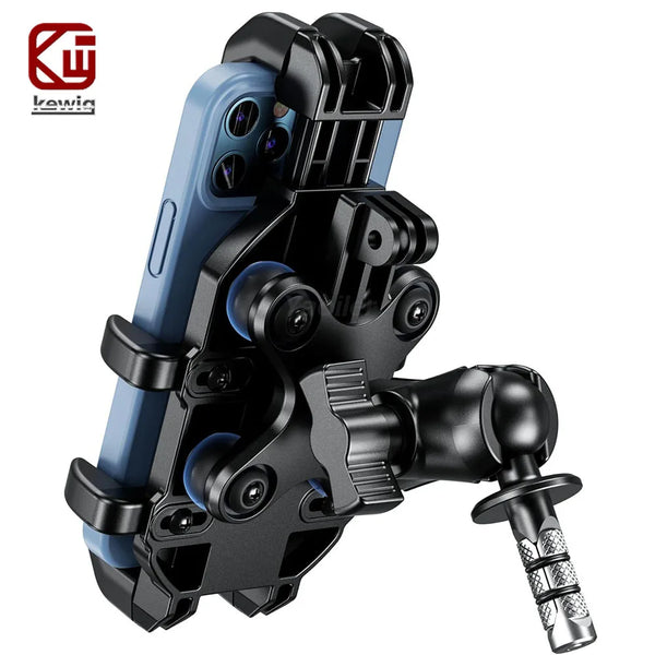A heavy-duty motorcycle phone mount featuring a fork stem base, colored black and light blue.