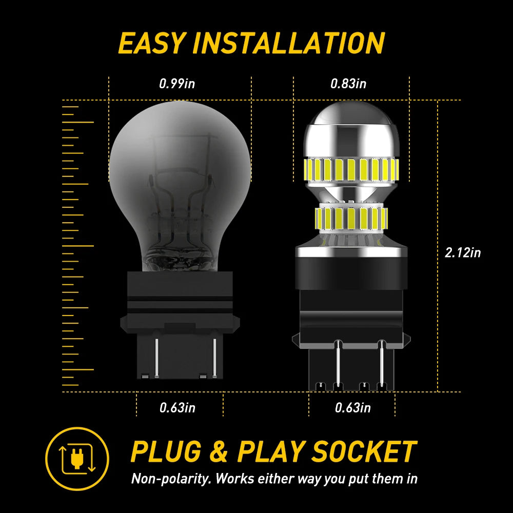 A diagram showing an LED bulb and a plug and play socket for vehicle lights with various dimensions.
