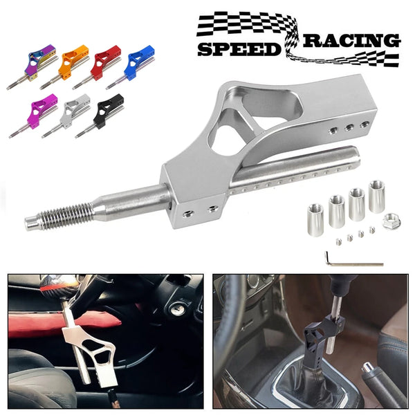 A silver adjustable car gear shifter extension kit with various tools and a racing theme graphic.
