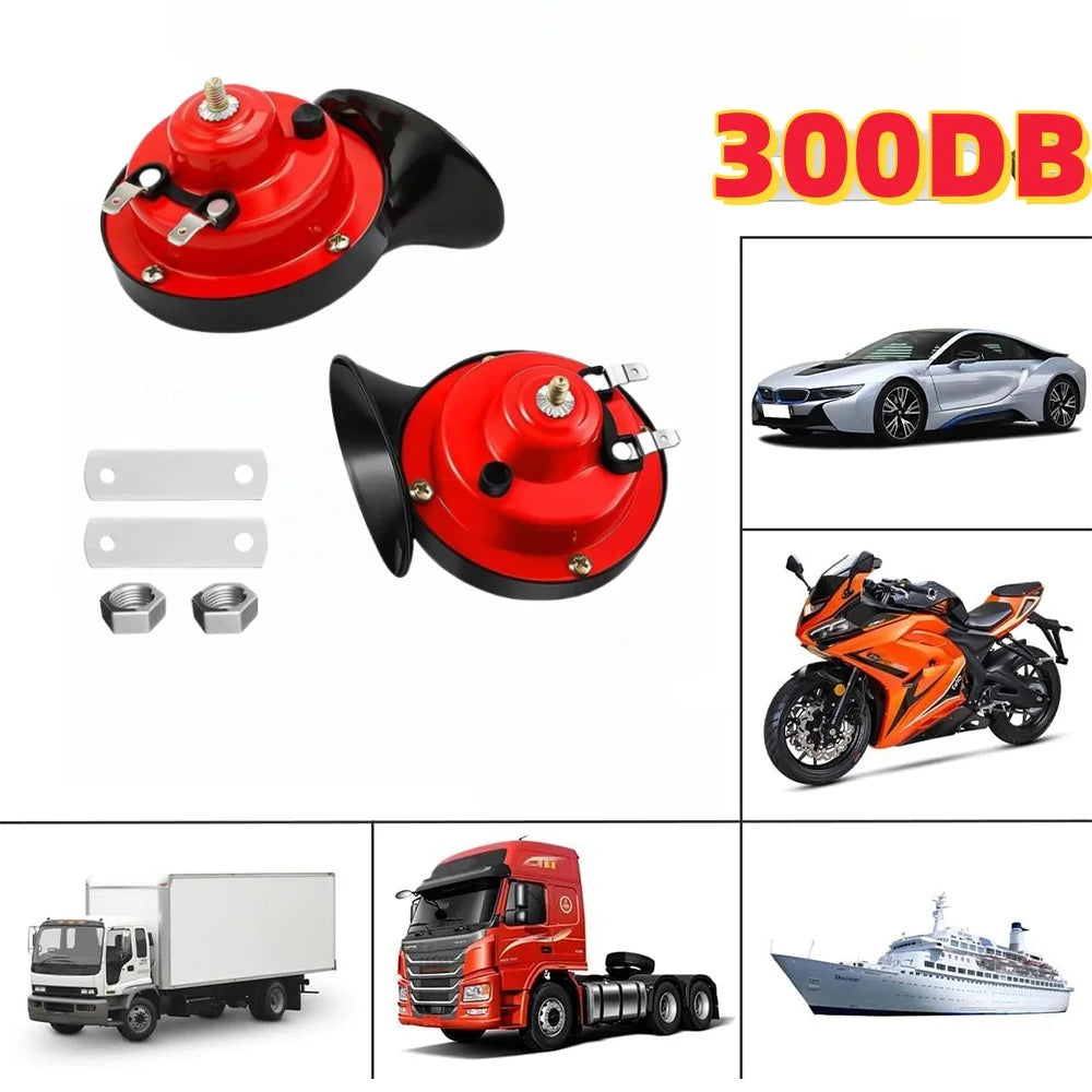 Colección de bocinas automotrices de 300dB, incluyendo una bocina red redonda, una negra y varias para motocicletas y camione