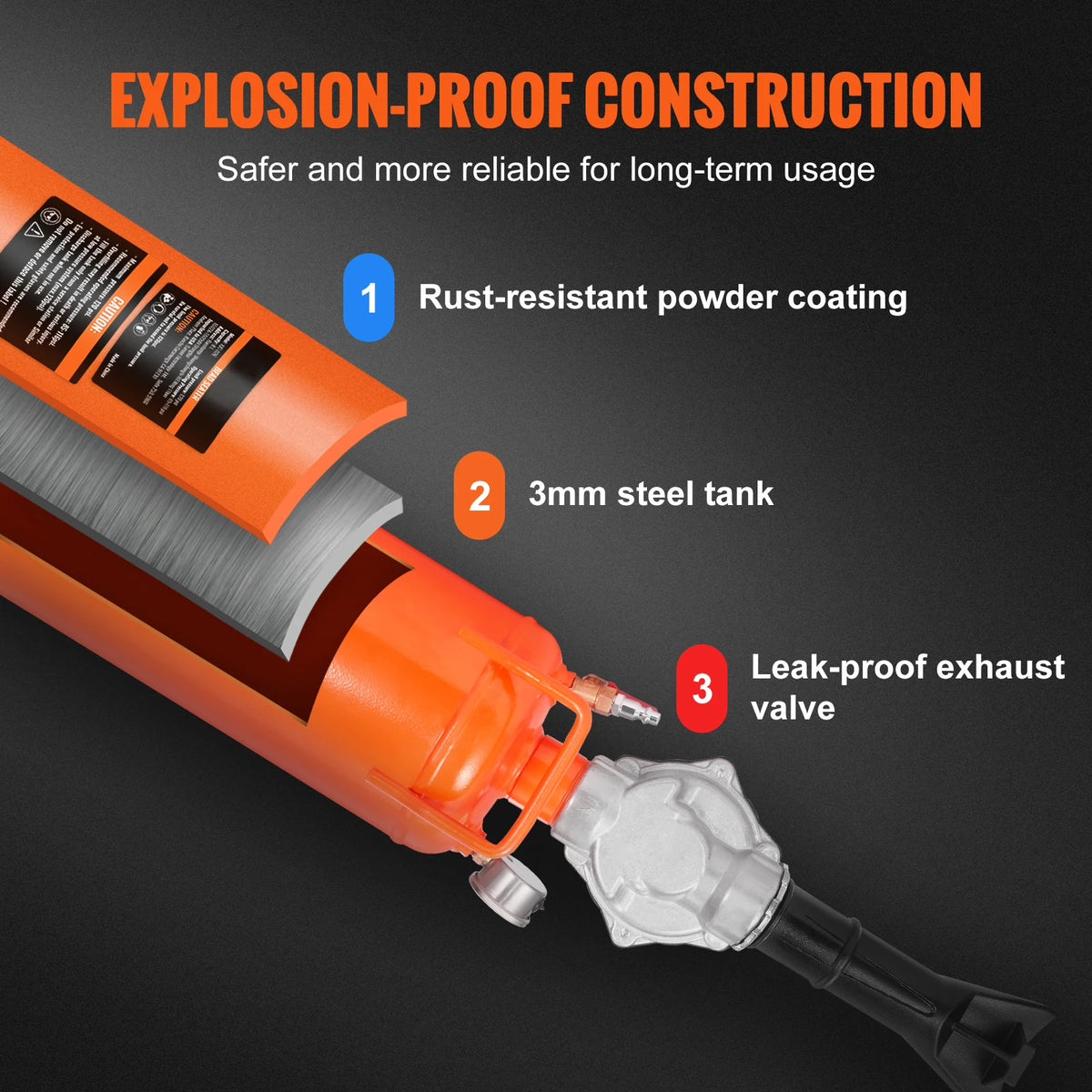 Orange professional handheld tire bead seater inflator showing explosion-proof construction features