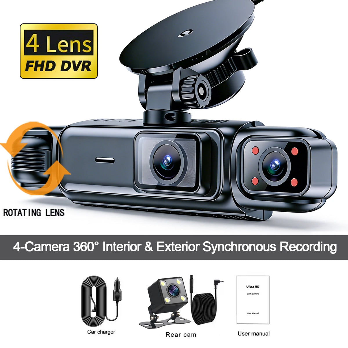 Caméra de conduite noire à quatre caméras avec objectif rotatif et accessoires pour enregistrement synchronisé.
