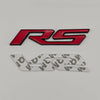 A red and black RS emblem badge for Chevrolet vehicles, shown alongside a silver version.