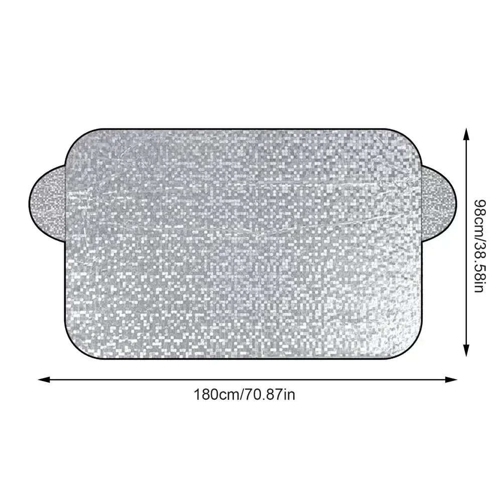 A rectangular silver car windshield sunshade with rounded corners, measuring 180cm by 98cm.