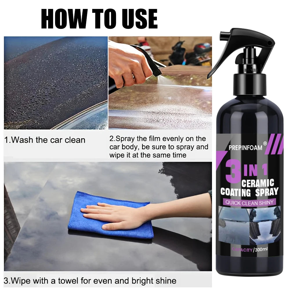A bottle of Prepinfoam 3-in-1 ceramic coating spray next to instructions showing how to wash and shine a car surface.
