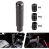 Black aluminum gear shift knob shown in various sizes M8, M10, and M12 with close-ups of installation.