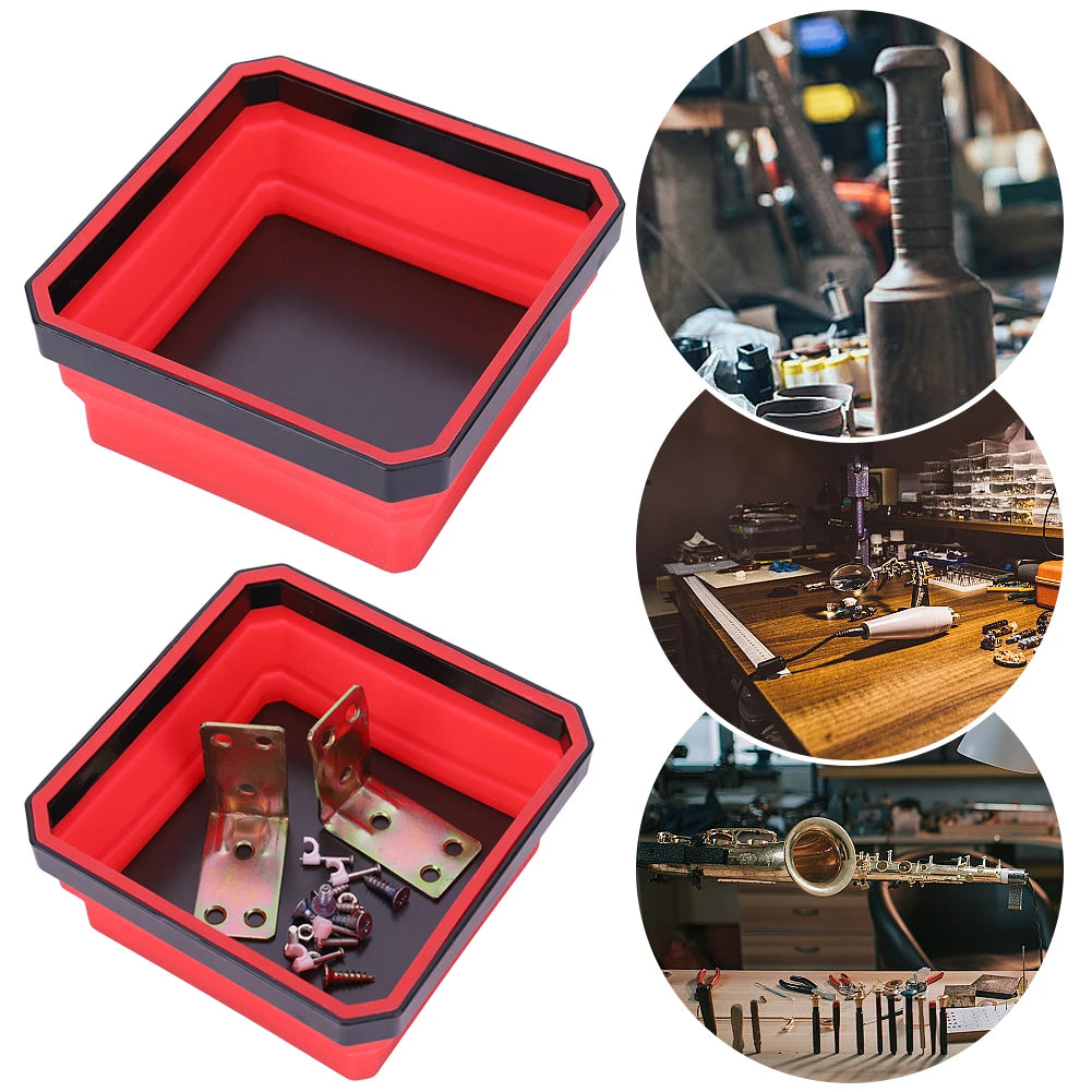 A red plastic collapsible magnetic parts tray organizer shown in various angles.