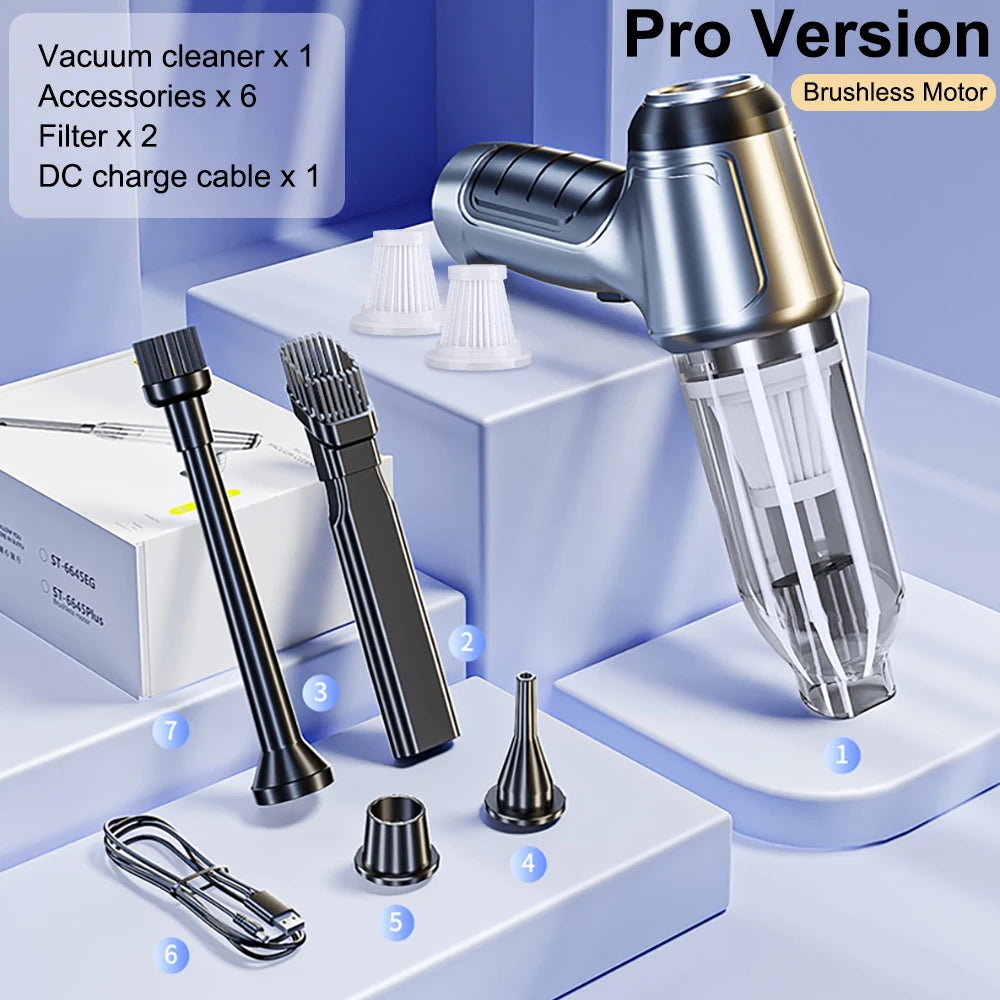 A silver vacuum cleaner Pro Version with accessories and a DC charge cable displayed on a white surface.