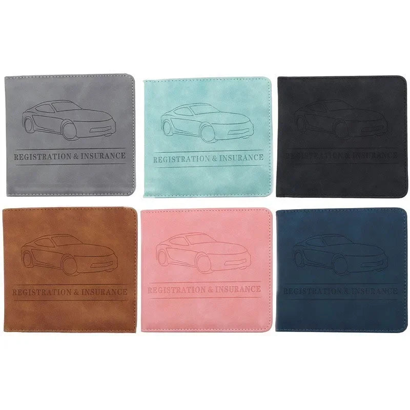 A set of four leather document holders in gray, teal, brown, and black, each featuring a line drawing of a car.