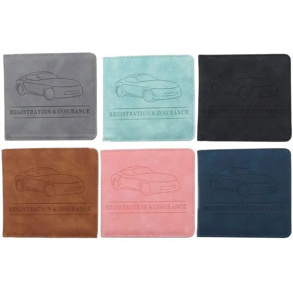 A set of four leather document holders in gray, teal, brown, and black, each featuring a line drawing of a car.