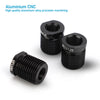 Three black aluminum CNC machined threaded adapters for precision machining.