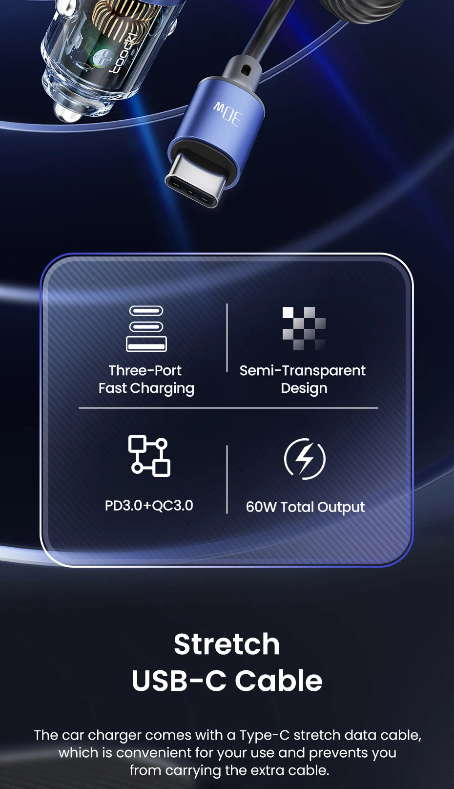 A close-up of a blue USB-C cable and charger featuring three-port fast charging capabilities and a semi-transparent design.