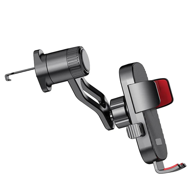 A black universal car phone mount with a gravity lock mechanism.