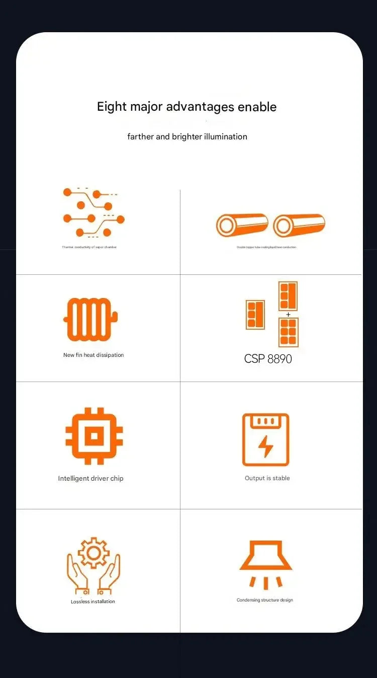 Diagramme montrant huit avantages majeurs d'un produit, incluant des fonctionnalités comme une meilleure illumination, la dis