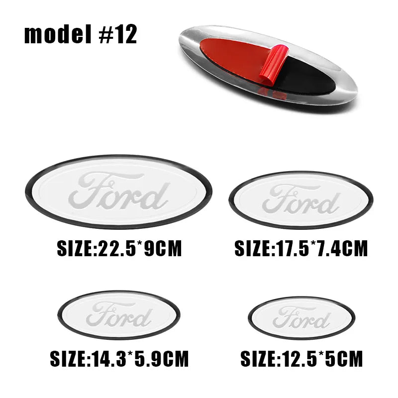 A set of Ford aluminum hood and trunk emblem badges in various sizes and finishes.