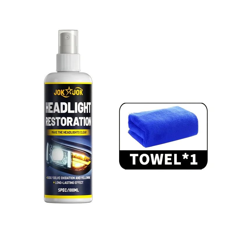 A bottle of JOK Headlight Restoration spray with a blue towel included for cleaning car headlights.
