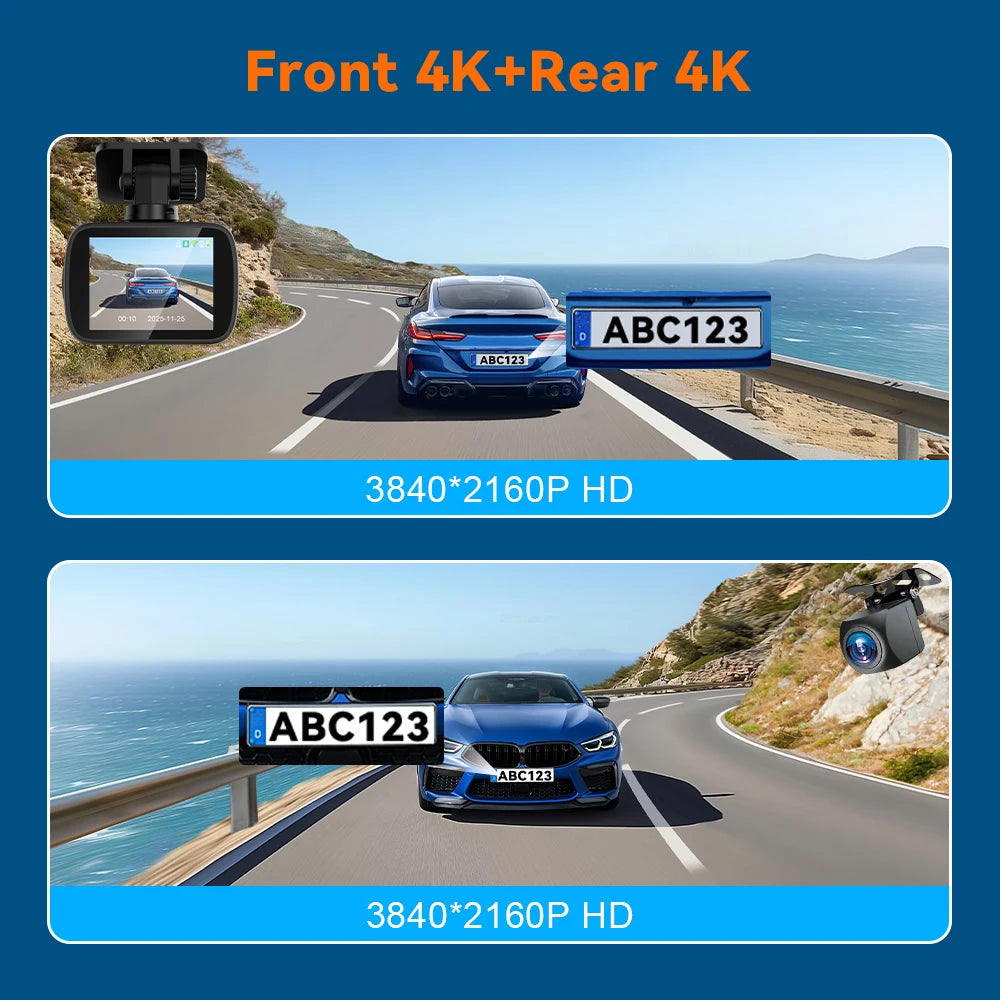 A dual-lens dash cam captures a car driving on a scenic coastal road with GPS and WiFi features.
