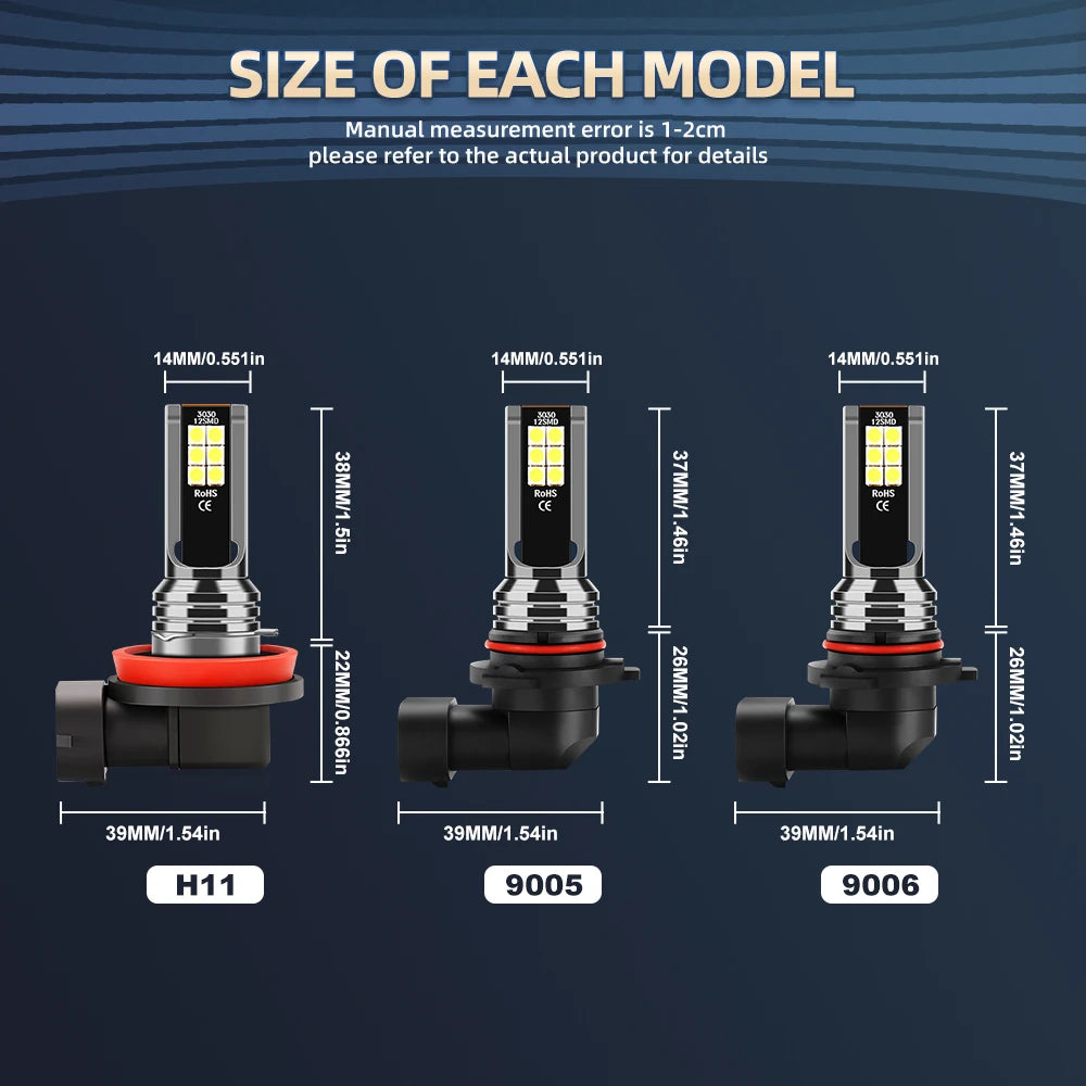 Drei Auto-LED-Glühbirnen der Modelle H11, 9005 und 9006 mit Maßen.