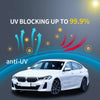 A white BMW sedan with anti-UV tint film applied, demonstrating up to 99.9% UV blocking protection.