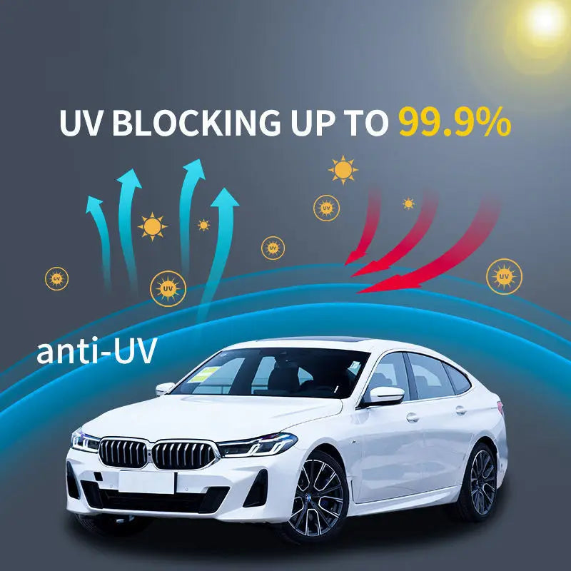 A white BMW sedan with anti-UV tint film applied, demonstrating up to 99.9% UV blocking protection.