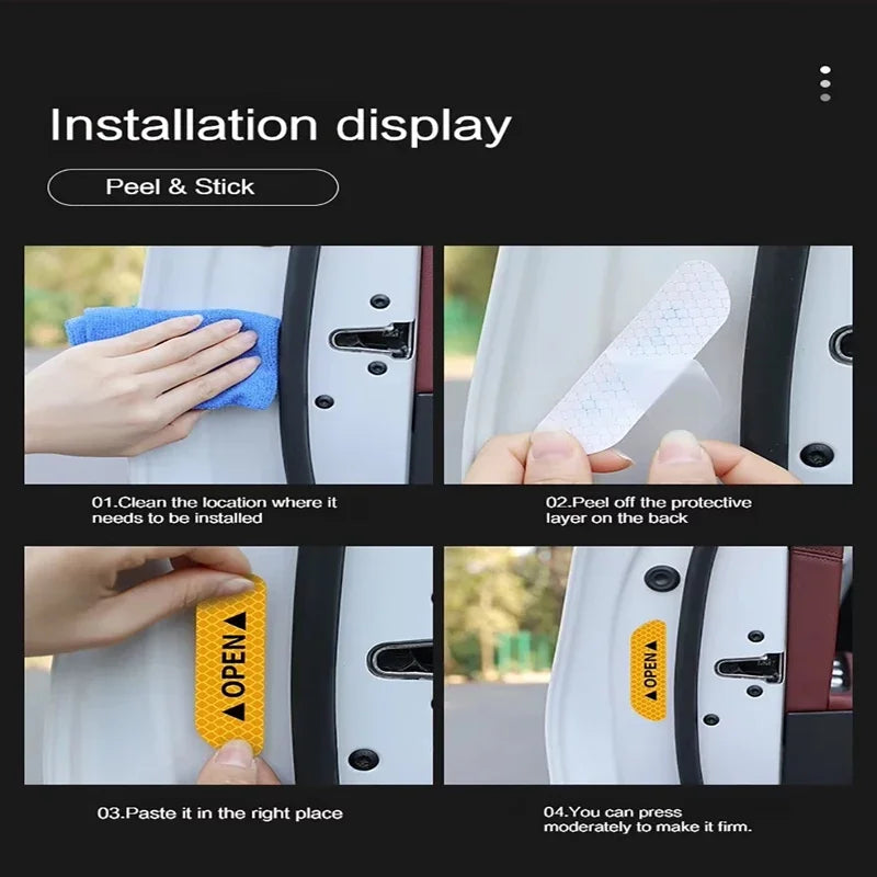 Installation display showing how to peel and stick a car door warning decal onto the back of the door.