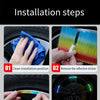 Étapes d'installation montrant comment nettoyer la position, retirer l'autocollant réfléchissant et obtenir un effet lumineux