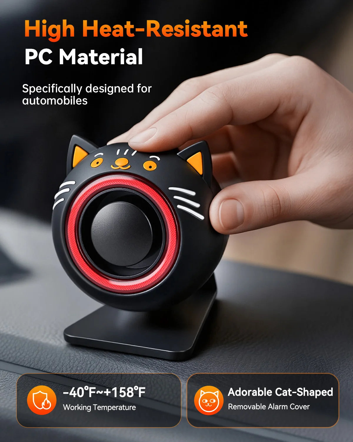 A hand holds a black and orange cat-shaped security alarm device designed for high heat resistance.