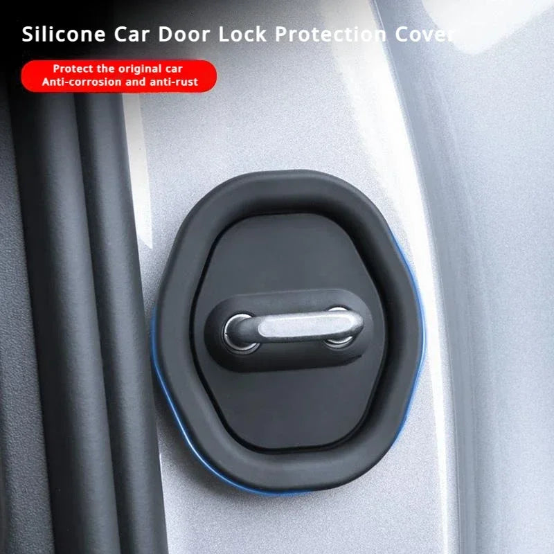 A close-up of a silicone car door lock protection cover installed on a car door handle.