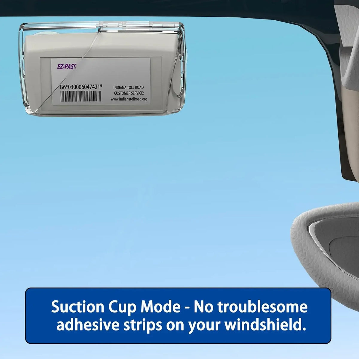 A clear plastic EZ-Pass holder device designed for a suction mount installation on a windshield.