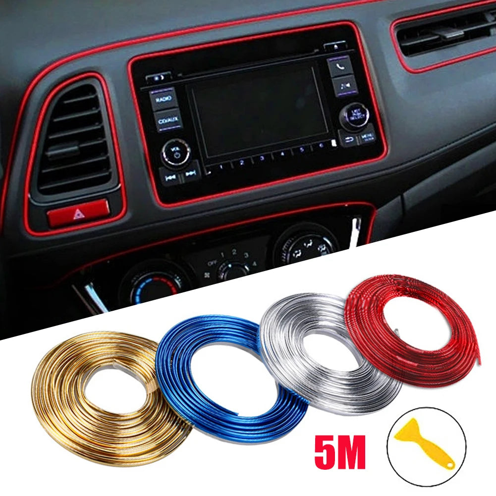 Rolls of universal car moulding trim strips in gold, blue, silver, and red colors with a 5-meter length.