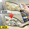 A hand applies a headlight restoration spray to a car's headlight lens before and after treatment.