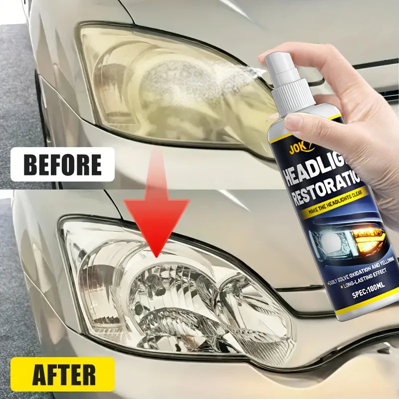A hand applies a headlight restoration spray to a car's headlight lens before and after treatment.