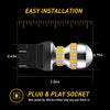 A close-up view of a universal LED car bulb set showing dimensions and plug & play socket features.