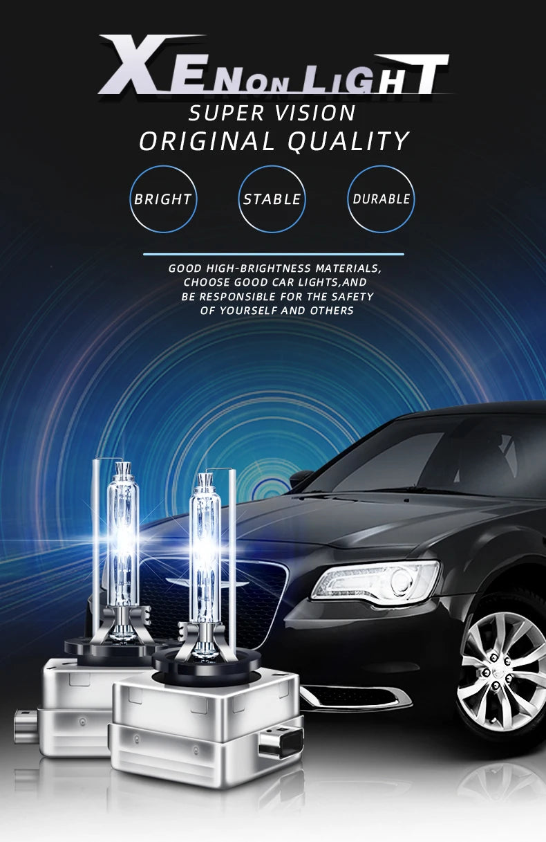 A set of high-intensity Xenon light bulbs displayed next to a black car headlight assembly.