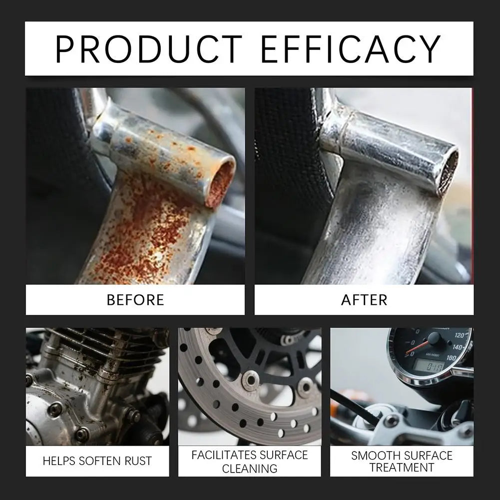 Before and after images showing the effect of a rust remover spray on metal surfaces.