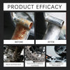 Before and after images showing the effect of a rust remover spray on metal surfaces.