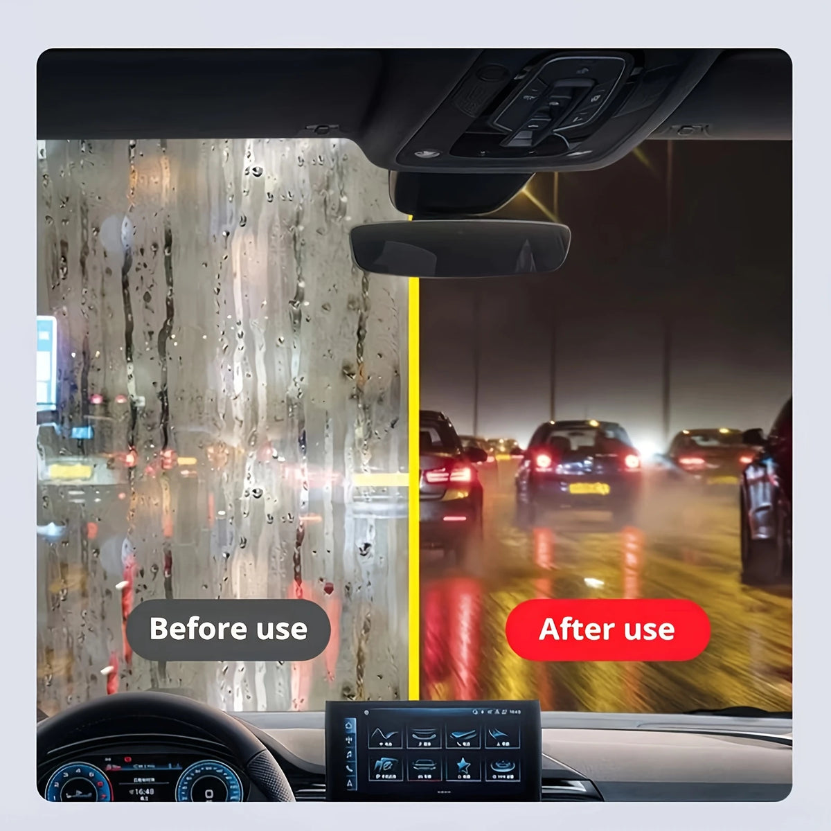 Interior view of a car showing a professional windshield cleaning brush set being used on the glass.