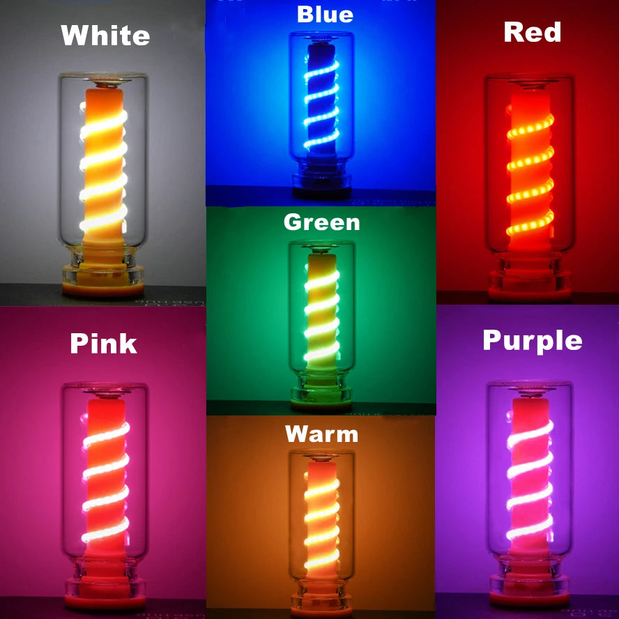 Collection d'ampoules à filament présentant diverses couleurs : blanc, bleu, vert, rouge, rose, violet et tons chauds