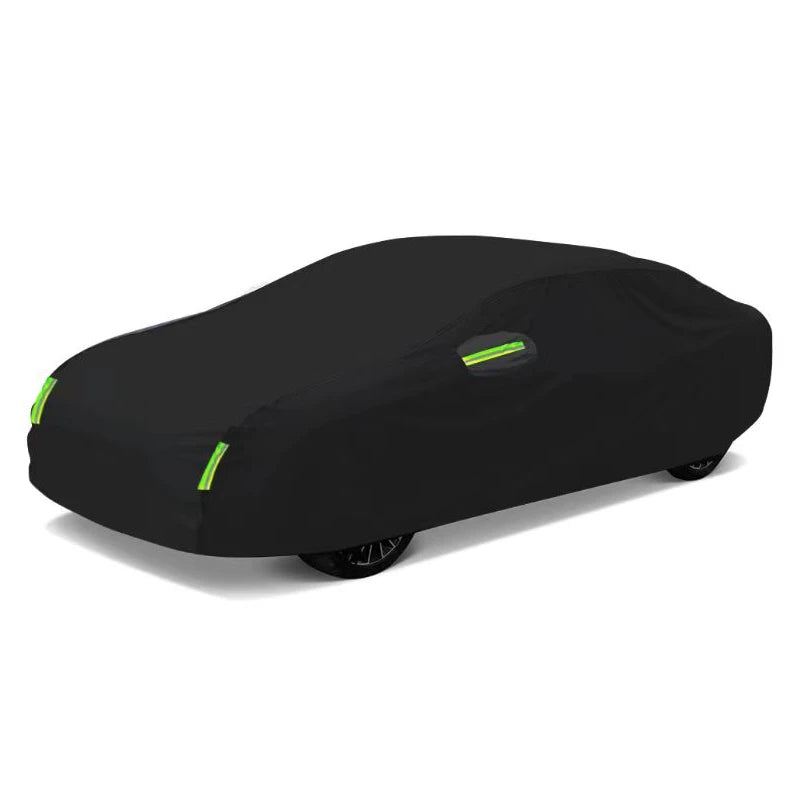 Black universal dustproof car cover with reflective strips shown from the side.