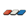 Three colored 3D car grill decals in red, white, and blue displayed side by side.