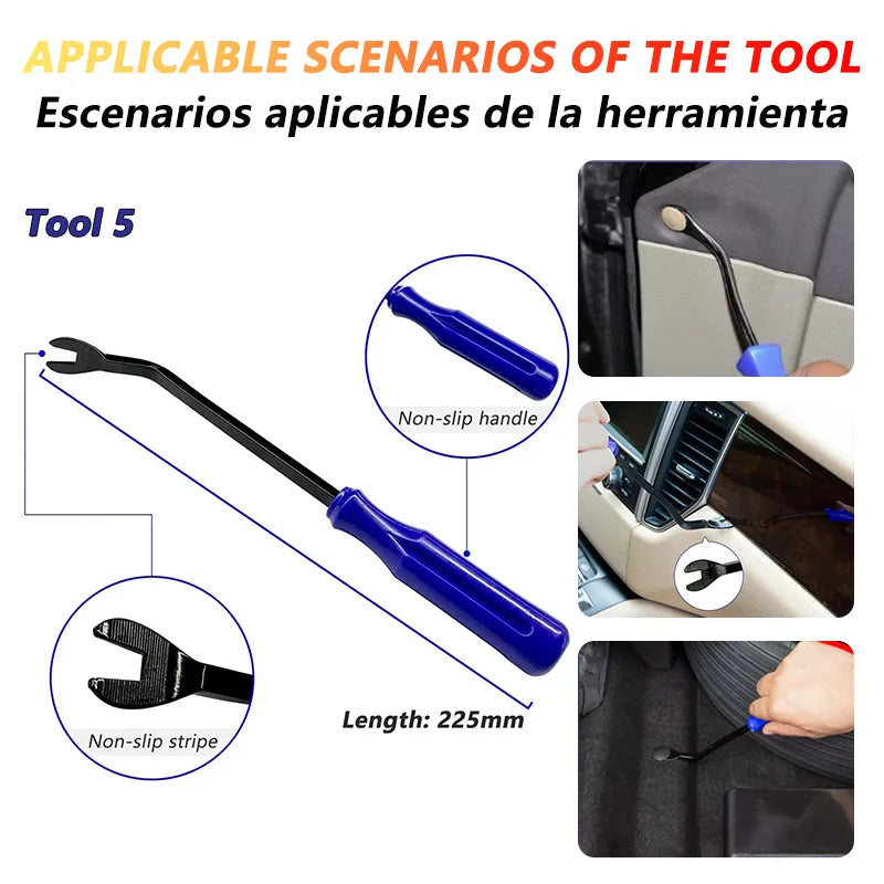 A tool with a non-slip handle and strip, used for applying scenarios like car trim removal.