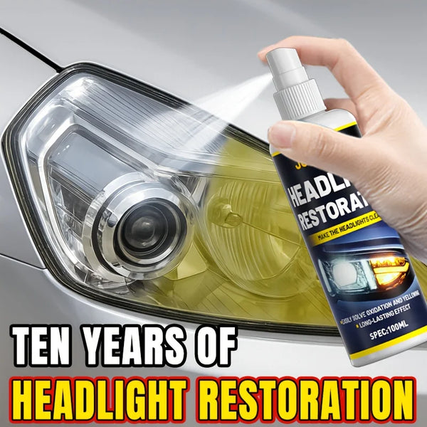 Hand holding a bottle of headlight restoration spray shining light onto a car headlight assembly.