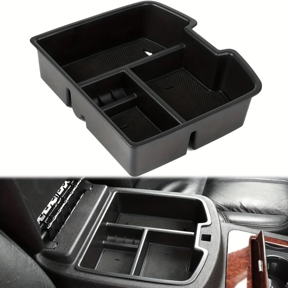 Black convertible armrest storage tray designed for trucks
