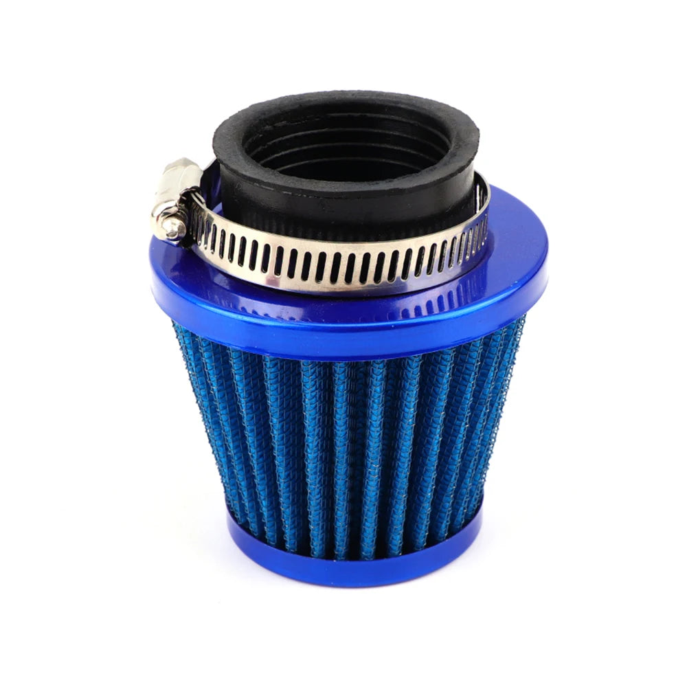 Kit d'induction de filtre à air bleu pour moto avec filtre cylindrique noir et serre-tube métallique.