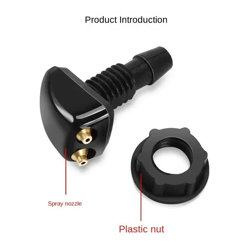 Black plastic universal car windshield washer nozzle with a threaded end and a separate plastic nut.
