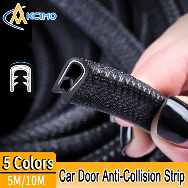 A hand holds a black car door anti-collision strip trim, showing its texture and shape.