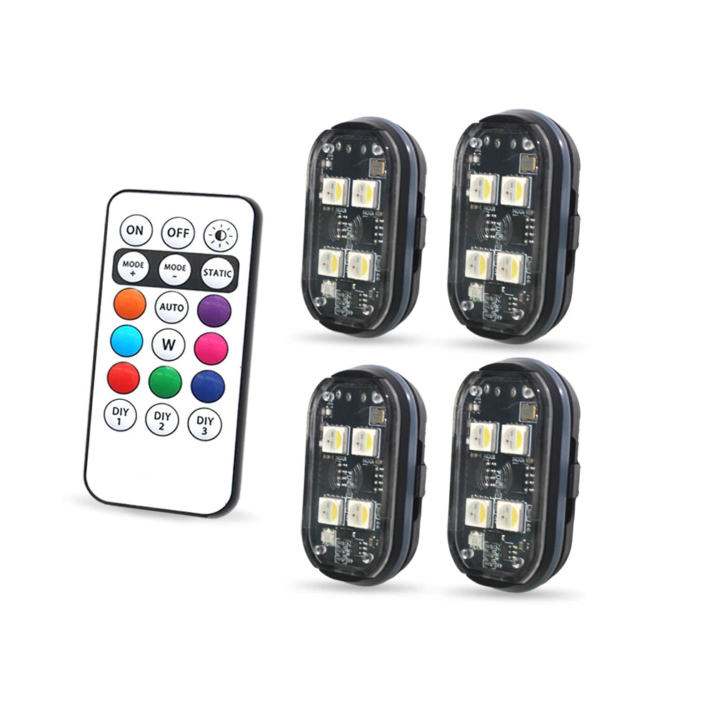 Four multi-color car ambient interior lights are shown with a remote control and various modes.