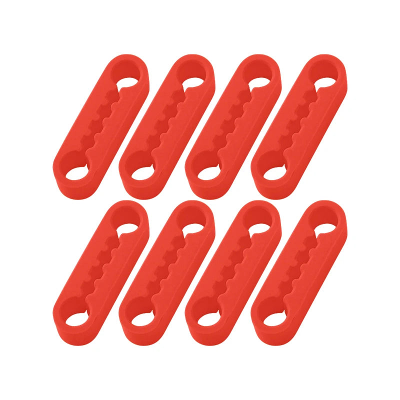 A set of eight red silicone car door lock covers or anti-vibration pads.